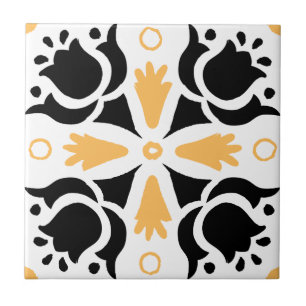 Black and Orange Intricate Floral pattern Tile