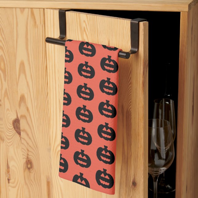 Black and Orange Jack-o-lantern Print Tea Towel (Thirds Fold)