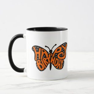 Black and Orange Monarch Butterfly Happy Birthday Mug
