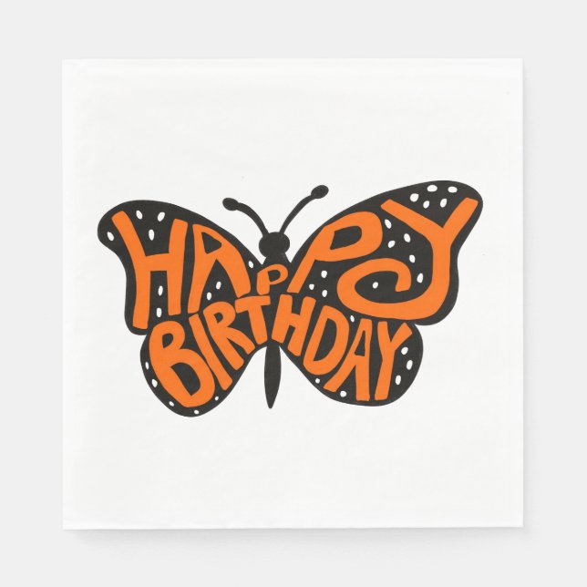 Black and Orange Monarch Butterfly Happy Birthday Napkin (Front)