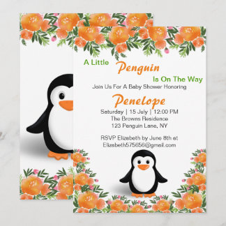 Black and Orange Penguin | Orange & Green Flowers Invitation