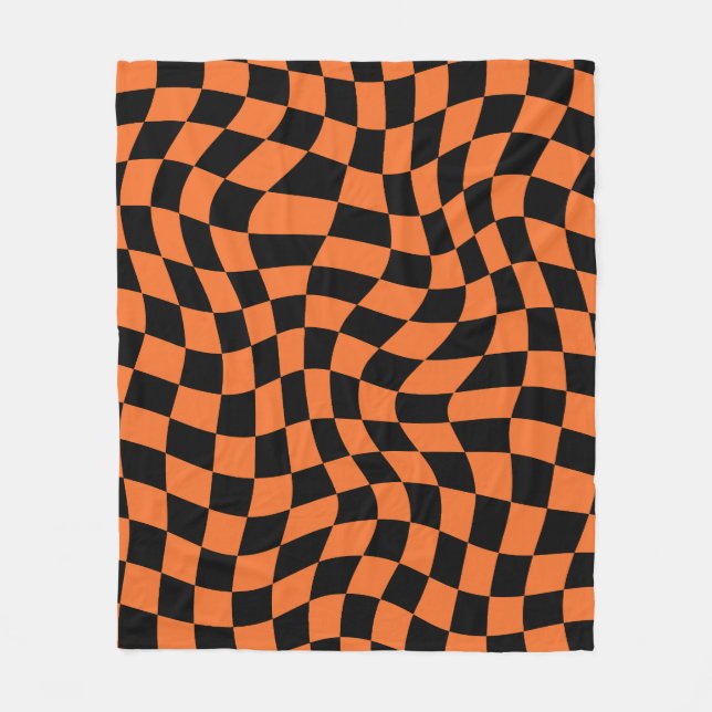 Black And Orange Psychedelic Chequered Groovy Grid Fleece Blanket (Front)