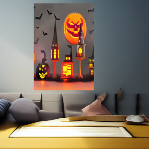 Black and orange pumpkin village AI Art Poster