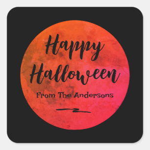Black and Orange Scary Full Moon Happy Halloween Square Sticker