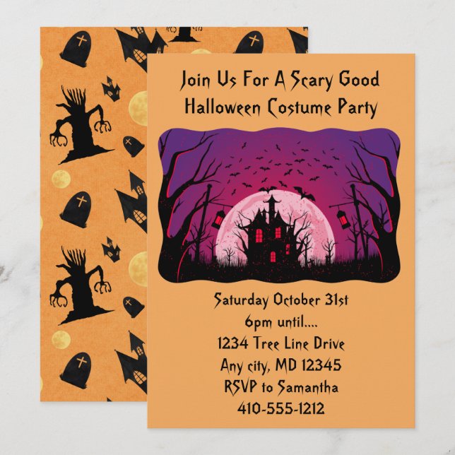 Black and Orange Scary House Halloween Party Invitation (Front/Back)