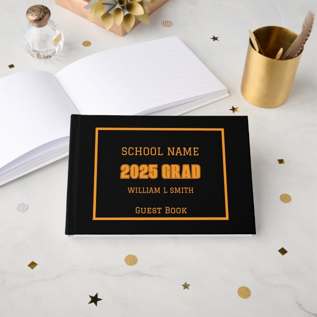 Black and Orange School Colours Graduation Guest Book (Front Open)