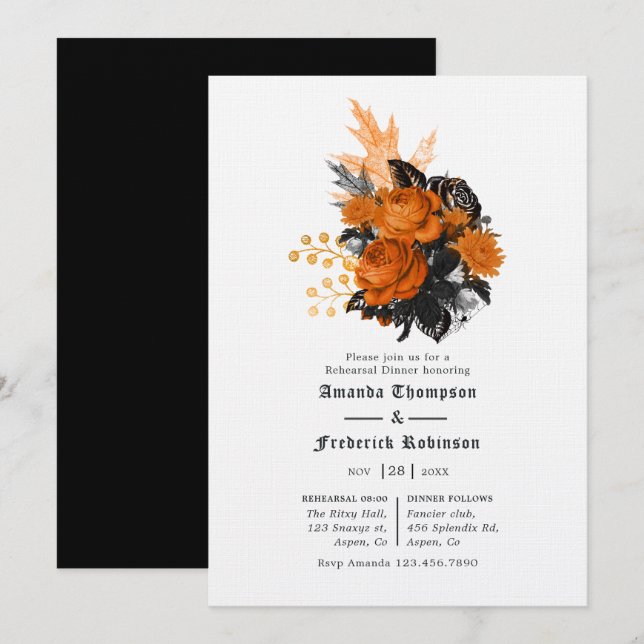 Black and Orange Shabby Floral Rehearsal Dinner Invitation (Front/Back)