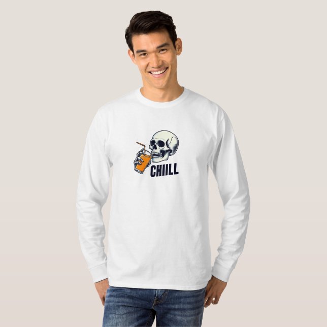 Black and Orange Skull Chiill Long Sleeve T-Shirt (Front Full)
