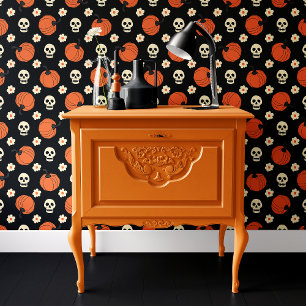 Black and Orange Skull Pumpkin Flowers Halloween Wallpaper