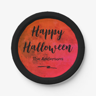Black and Orange Spooky Full Moon Happy Halloween Paper Plate
