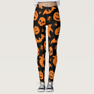 Black and Orange Spooky Halloween Ghost, Pumpkins  Leggings