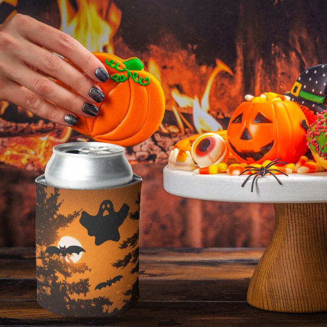 Black and Orange Spooky Halloween Night Scene Can Cooler (Halloween)