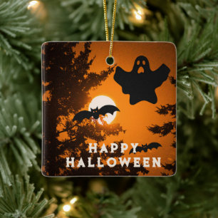 Black and Orange Spooky Halloween Night Scene Ceramic Ornament
