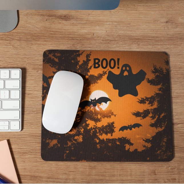 Black and Orange Spooky Halloween Night Scene Mouse Mat (In Situ)