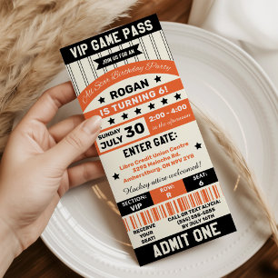 Black and Orange Sports Team Ticket Birthday Party Invitation