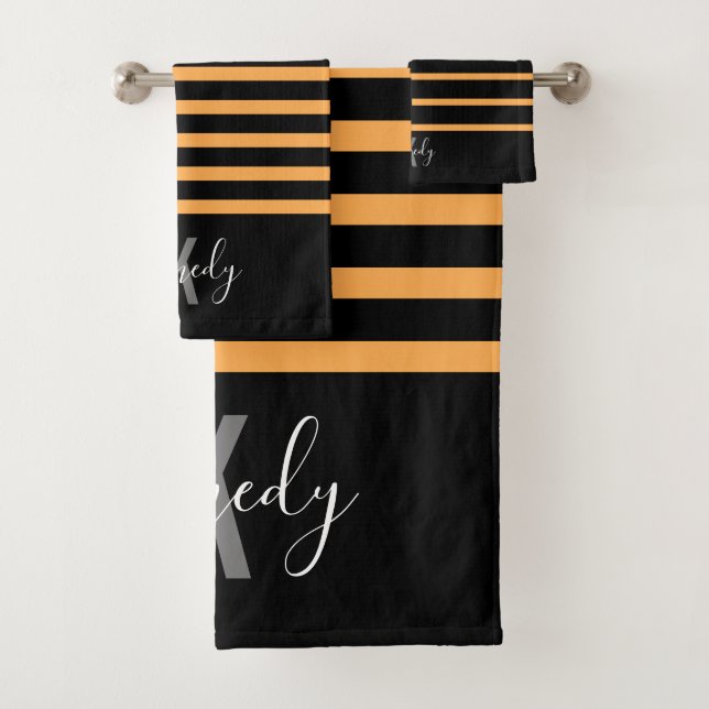 Black and Orange Stripes Pattern Monogrammed Name  Bath Towel Set (Insitu)