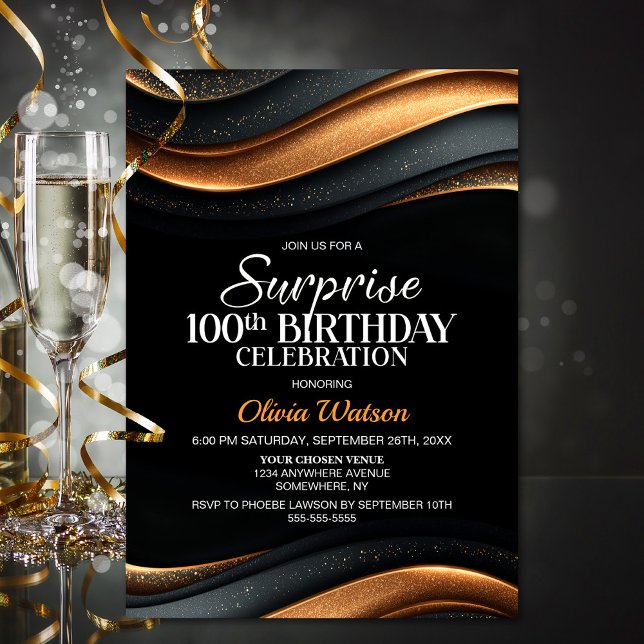 Black and Orange Surprise 100th Birthday Invitation (Creator Uploaded)