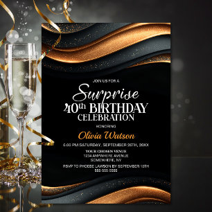 Black and Orange Surprise 40th Birthday Party Invitation