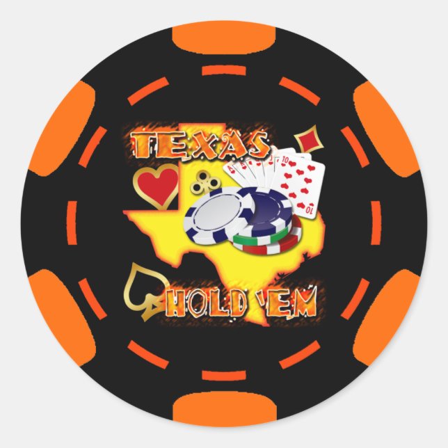 BLACK AND ORANGE TEXAS HOLD 'EM POKER CHIP CLASSIC ROUND STICKER (Front)