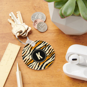 Black and Orange Tiger Pattern Monogram Key Ring