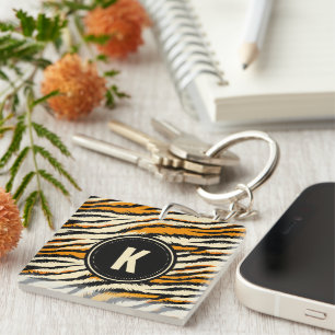Black and Orange Tiger Pattern Monogram Key Ring