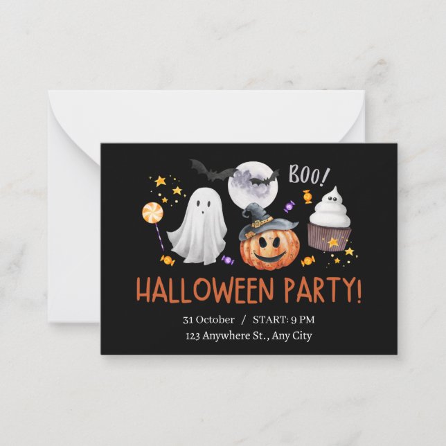 Black and Orange Watercolor Halloween Invitation (Front)