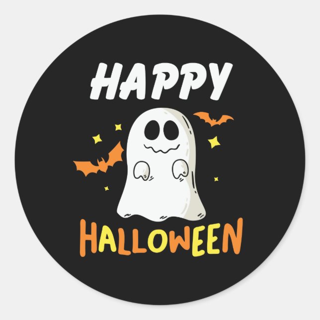 Black and Orange with Ghost Happy Halloween Classic Round Sticker (Front)