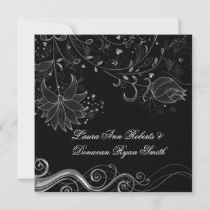 Black and Ornate Silver Floral Swirls Post Wedding Invitation