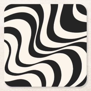 Black and pastel modern retro waves design square paper coaster