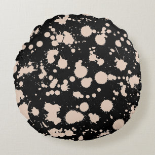 Black and Peach Splatter Paint Art Round Cushion