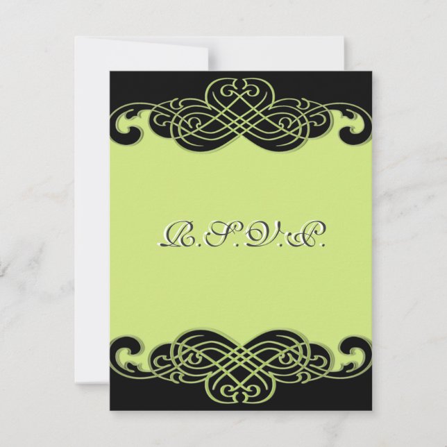 Black and Pear Green Scroll RSVP Card (Front)