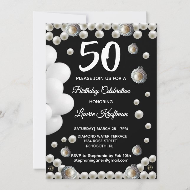 Black and Pearl 50th Birthday Celebration Invitation (Front)