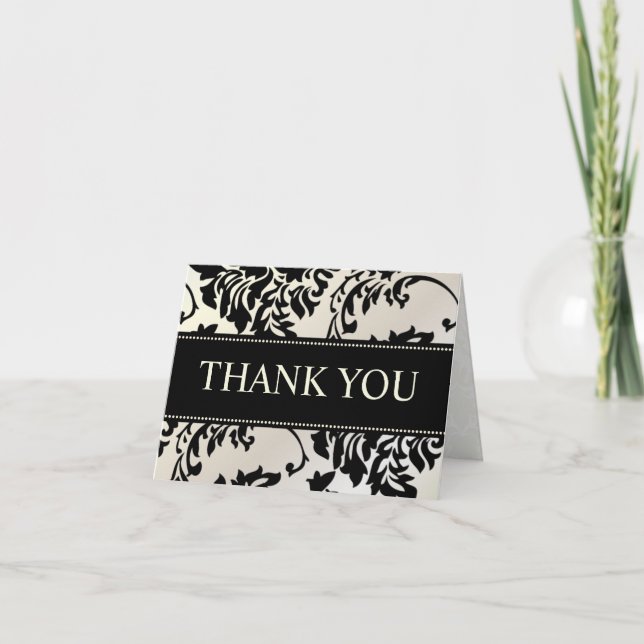 Black and Pearl Damask Thank You Note Cards (Front)