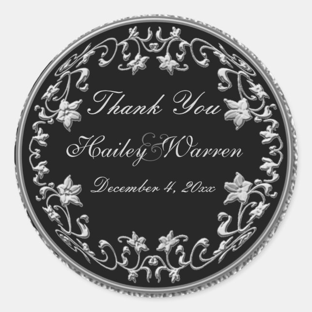Black and Pewter Floral 3" Diameter Round Sticker (Front)