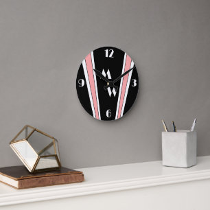 Black And Pink Art Deco Design Monogrammed Round Clock