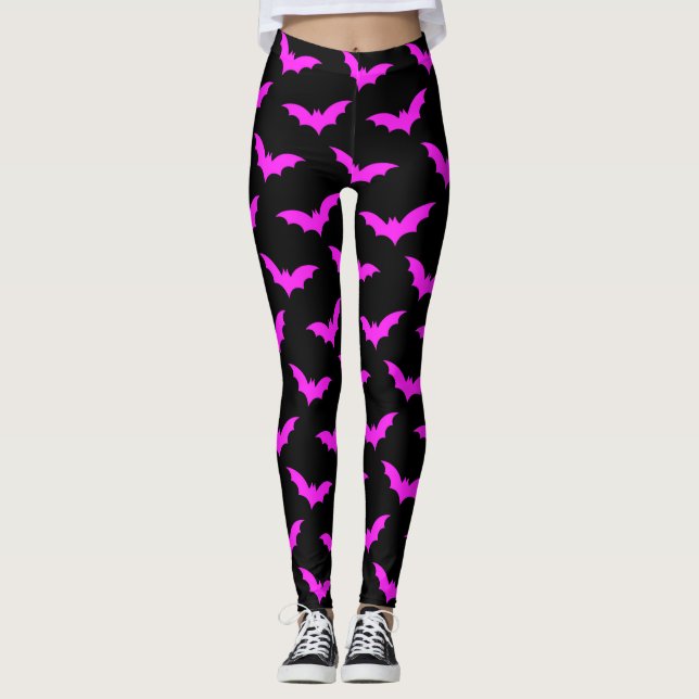 Black and Pink Bats Halloween Leggings (Front)