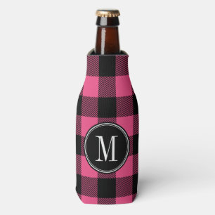 Black and Pink Buffalo Check Monogram Bottle Cooler