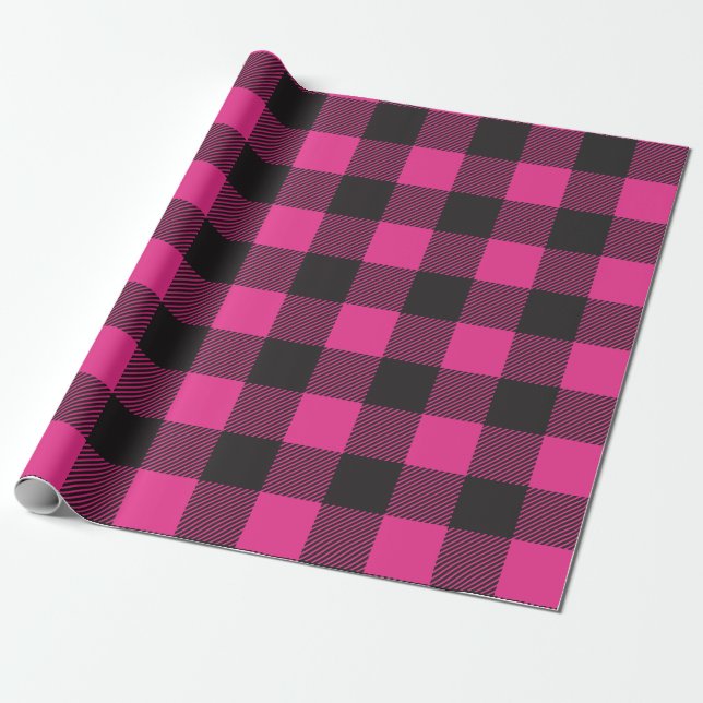 Black and Pink Buffalo Plaid Wrapping Paper (Unrolled)