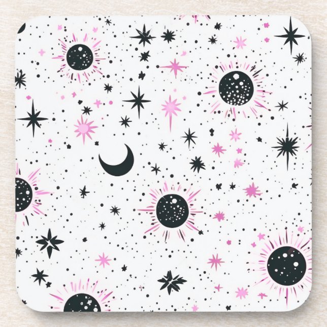 Black and Pink Celestial Sun Moon Stars Coaster (Front)
