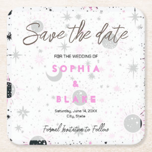 Black and Pink Celestial Wedding Save the Date Square Paper Coaster