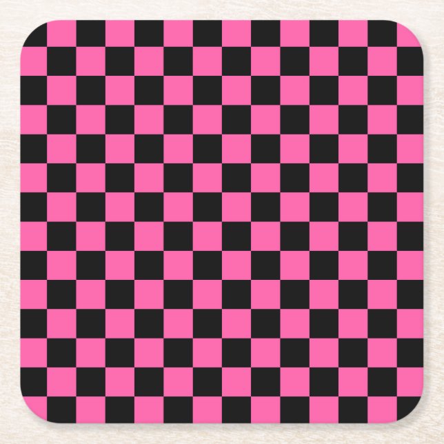 Black and pink checkerboard pattern square paper coaster (Front)