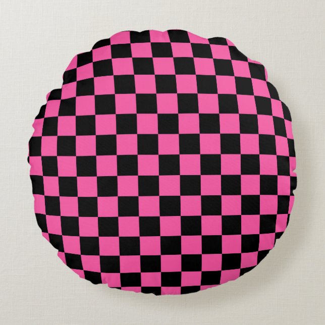 Black and pink chequerboard pattern round cushion (Front)