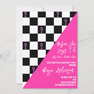 Black and Pink Chequered Neon Bachelorette Party Invitation