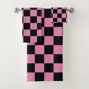 Black and Pink Chequered Print Bath Towel Set