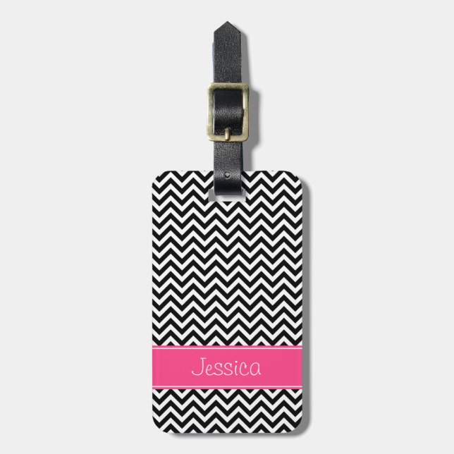 Black and Pink Chevron Pattern Personalised Luggage Tag (Front Vertical)