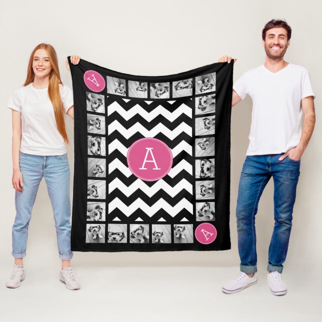 Black and Pink Chevrons Custom Monogram Fleece Blanket (In Situ)