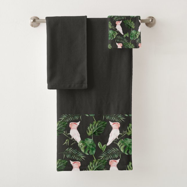 Black and Pink Cockatiel Green Palm Leaves Bath Towel Set (Insitu)