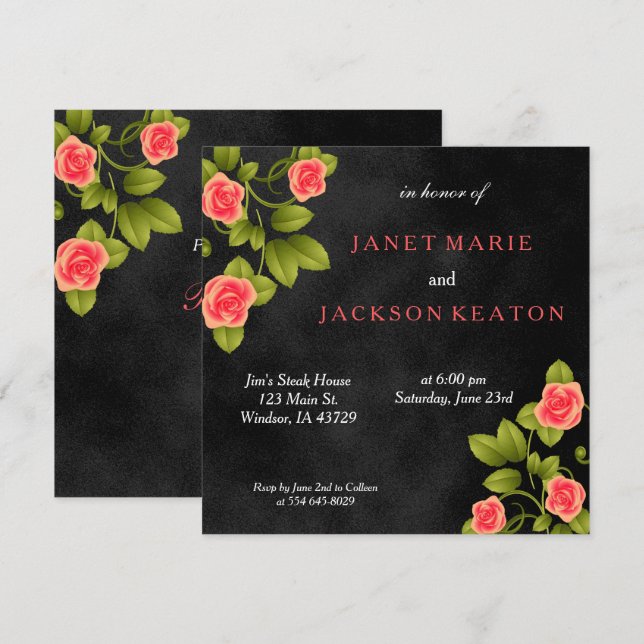 Black and Pink Coral Rose Flower Wedding Invitation (Front/Back)