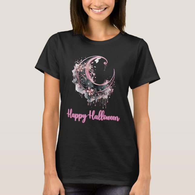 Black and Pink Crescent Moon Black Happy Halloween T-Shirt (Front)