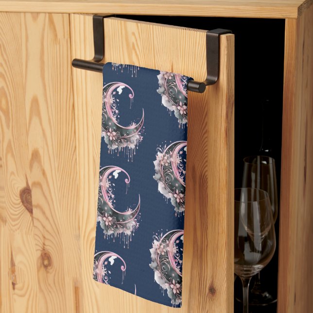 Black and Pink Crescent Moon Pattern Halloween Tea Towel (Thirds Fold)